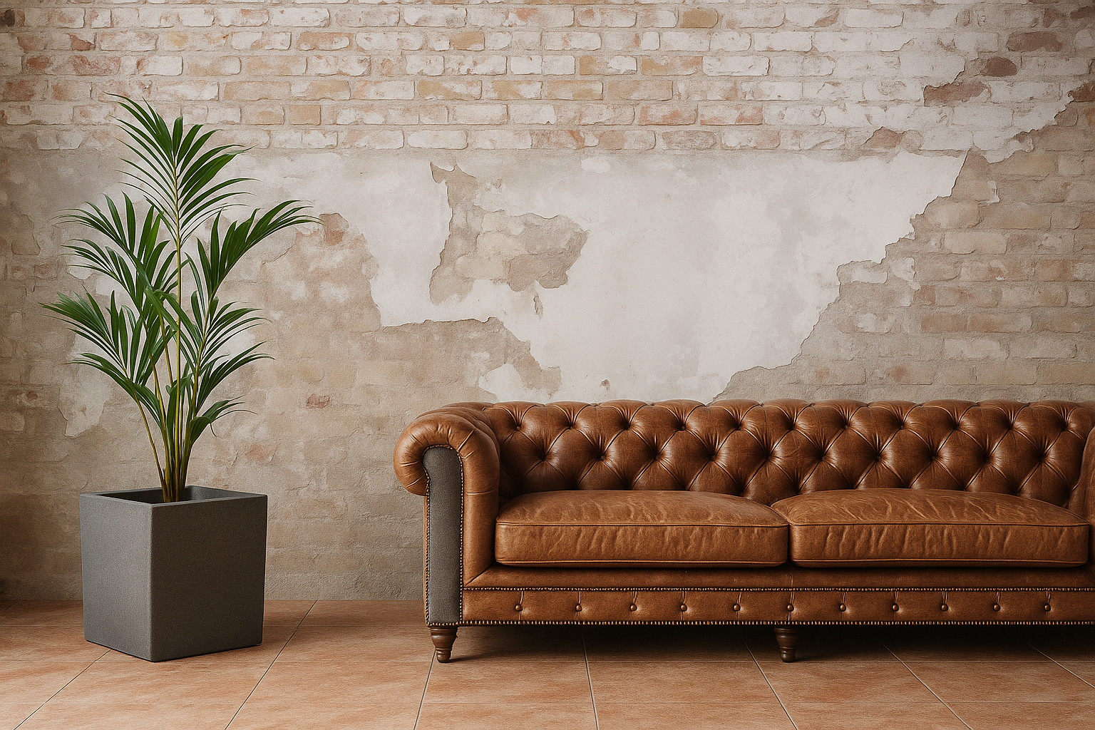 Brown leather sofa in a room with a world map on the wall and a potted plant.