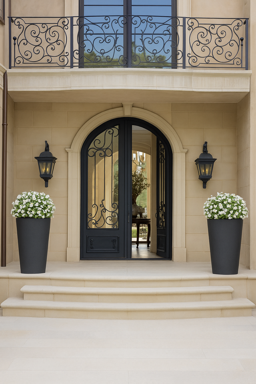Decorative entrance with black wrought iron door and floral pots on a beige building.