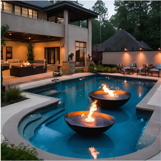 Outdoor pool area with fire bowls and modern house in the background